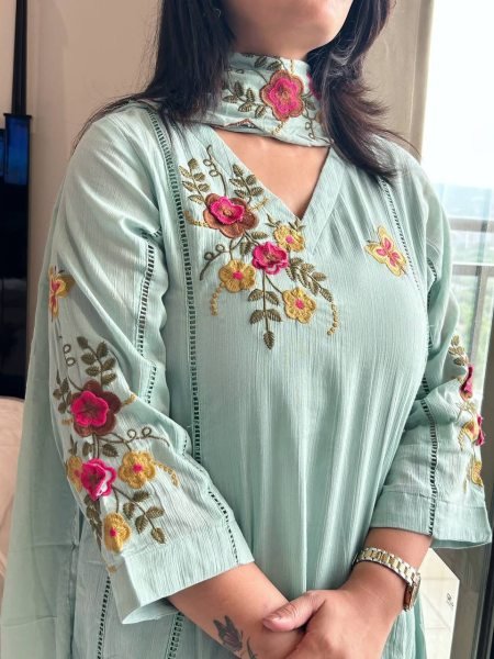 Glamorous Light Blue Festive Wear Air Tex Chinon Embroidered Kurti Pant Set for Festival Ready To Wear Collection