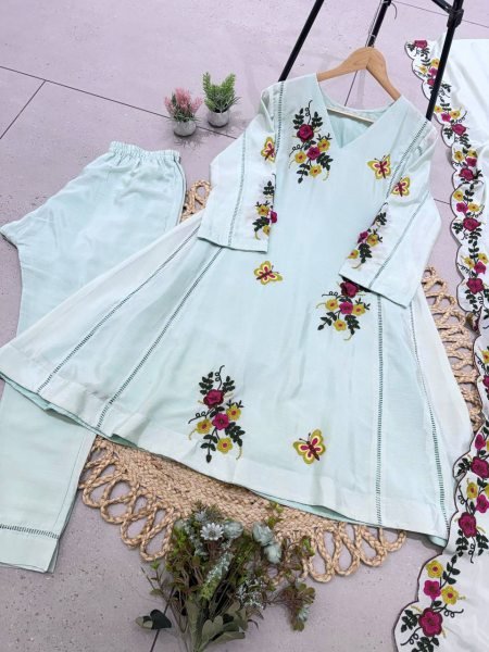 Glamorous Light Blue Festive Wear Air Tex Chinon Embroidered Kurti Pant Set for Festival Ready To Wear Collection