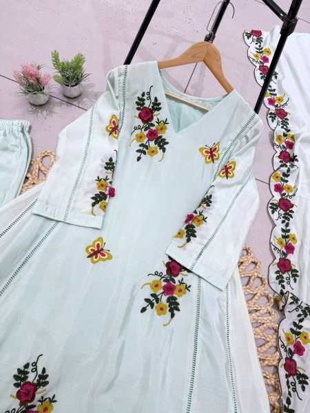 Glamorous Light Blue Festive Wear Air Tex Chinon Embroidered Kurti Pant Set for Festival Ready To Wear Collection