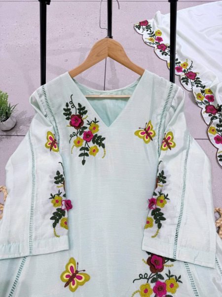 Glamorous Light Blue Festive Wear Air Tex Chinon Embroidered Kurti Pant Set for Festival Ready To Wear Collection
