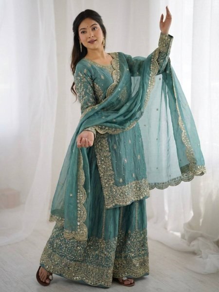 Glamorous Blue Heavy Embroidery Silk Suit Set with Dupatta for Festive Wear Ready To Wear Suit