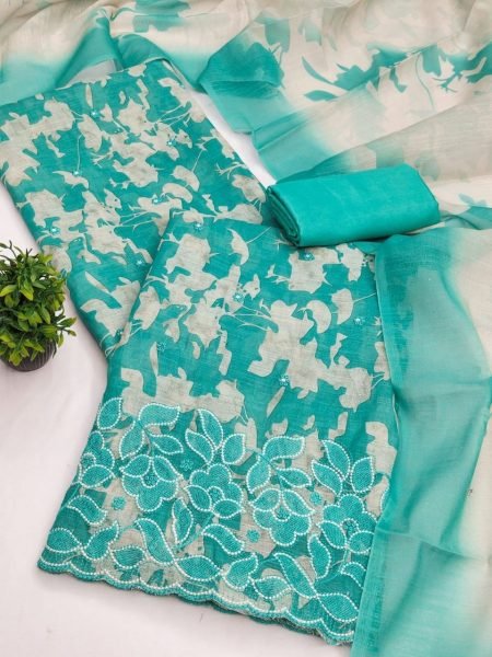 Glamorous Sky Blue Lilan Cotton Unstitched Suit Set with Multi Work Border Design Punjabi Dress Materials Wholesale
