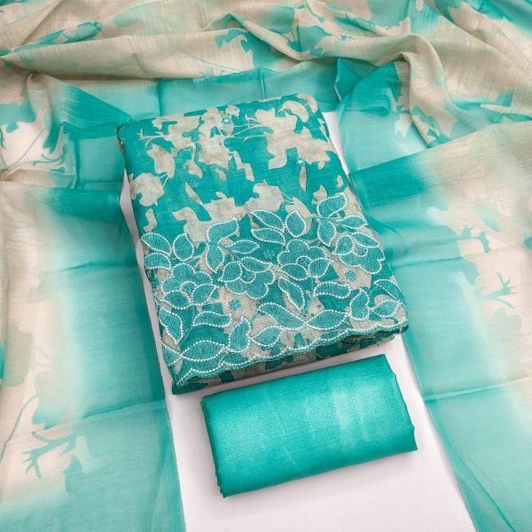 Glamorous Sky Blue Lilan Cotton Unstitched Suit Set with Multi Work Border Design Punjabi Dress Materials Wholesale
