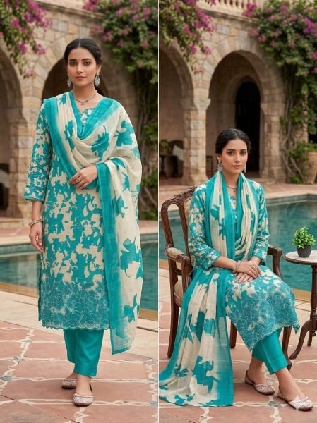 Glamorous Sky Blue Lilan Cotton Unstitched Suit Set with Multi Work Border Design Punjabi Dress Materials Wholesale