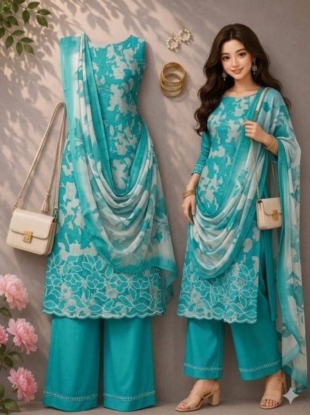 Glamorous Sky Blue Lilan Cotton Unstitched Suit Set with Multi Work Border Design Punjabi Dress Materials Wholesale