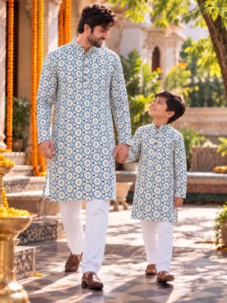 Glamorous Sky Blue Matching Father Son Cotton Kurta Set for Festive Wear 