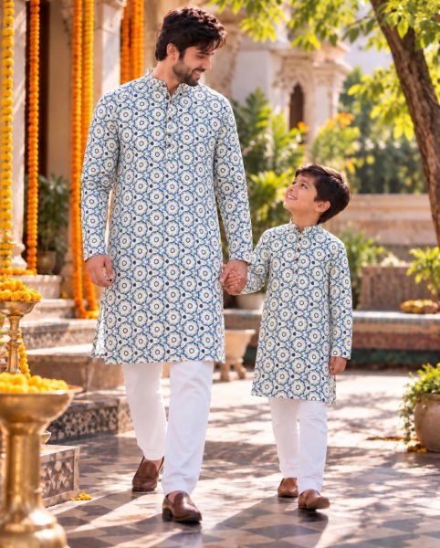 Glamorous Sky Blue Matching Father Son Cotton Kurta Set for Festive Wear Father Son Collection 