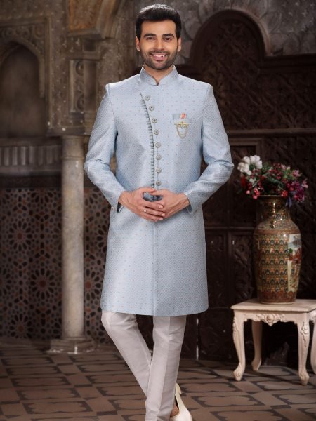 Glamorous Sky Blue Royal Banarasi Indo Western Suit for Wedding Wear 