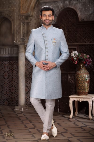 Glamorous Sky Blue Royal Banarasi Indo Western Suit for Wedding Wear Kurta Pajama Wholesale