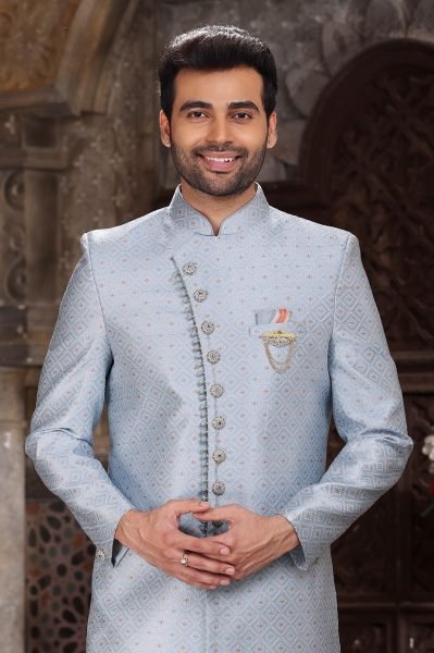 Glamorous Sky Blue Royal Banarasi Indo Western Suit for Wedding Wear Kurta Pajama Wholesale