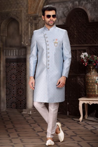 Glamorous Sky Blue Royal Banarasi Indo Western Suit for Wedding Wear Kurta Pajama Wholesale
