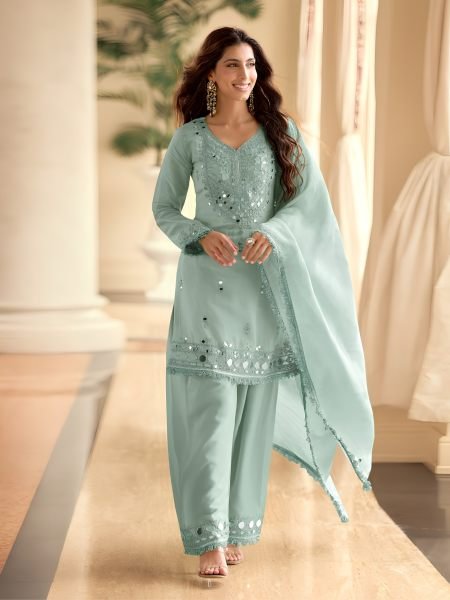 Glamorous Sky Blue Women's Simar Silk Mirror Work Top Palazzo Dupatta Collection 