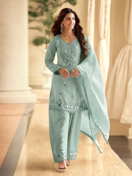 Glamorous Sky Blue Women's Simar Silk Mirror Work Top Palazzo Dupatta Collection Designer Plazzo Salwar Suits Wholesale
