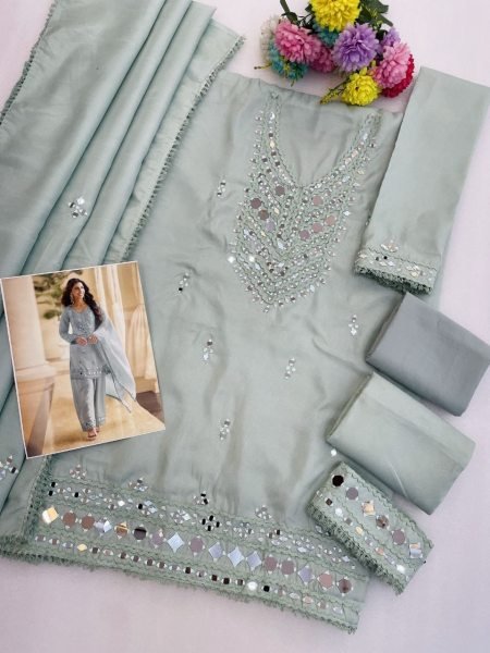 Glamorous Sky Blue Women's Simar Silk Mirror Work Top Palazzo Dupatta Collection Designer Plazzo Salwar Suits Wholesale