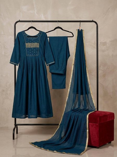 Glamorous Teal Blue Designer Suit Set with Premium Handcrafted Yoke Detailing Anarkali Kurtis 