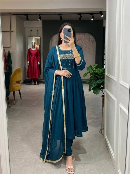 Glamorous Teal Blue Designer Suit Set with Premium Handcrafted Yoke Detailing Anarkali Kurtis 