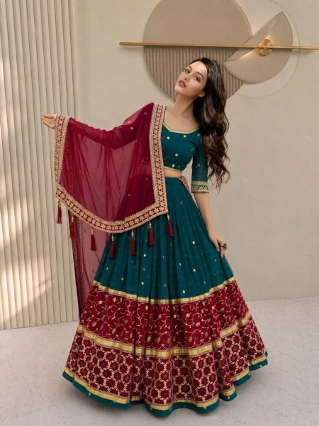 Glamorous Teal Blue Fox Georgette Garba Lehenga Choli with Thread and Sequin Work  Lehenga