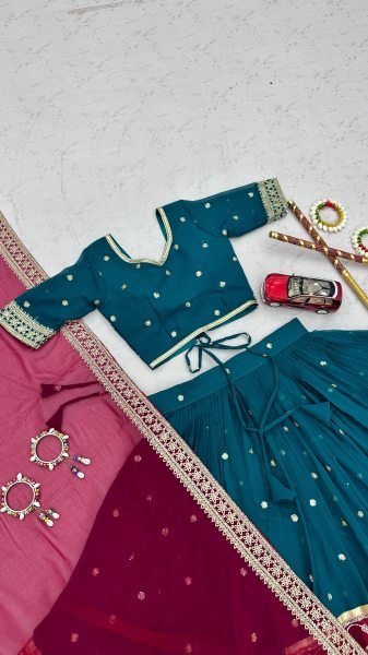 Glamorous Teal Blue Fox Georgette Garba Lehenga Choli with Thread and Sequin Work Navratri Lehnega Choli