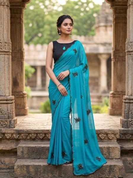 Glamorous Turquoise Feminine Style Saree with Elegant Party Ready Look Silk Sarees Wholesale