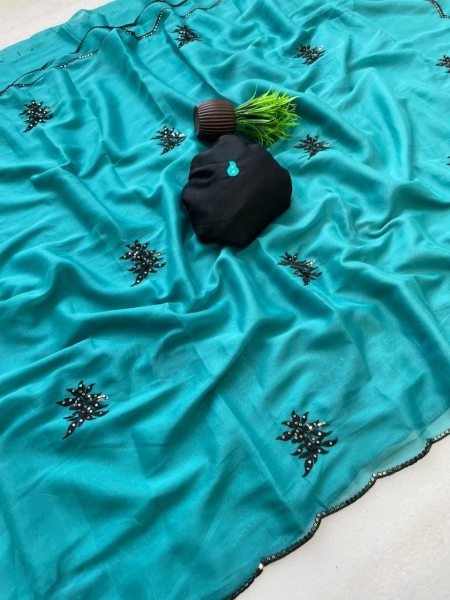 Glamorous Turquoise Feminine Style Saree with Elegant Party Ready Look Silk Sarees Wholesale
