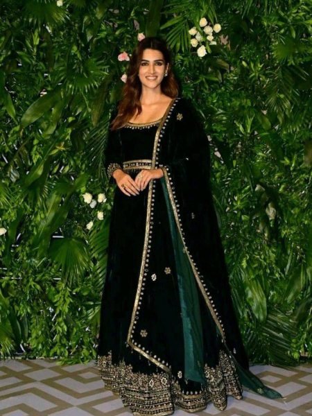 Glamorous Velvet Embroidered Sequence Round Neck Gown with 3 Meter Flair with Dupatta for Receptions Kurtis