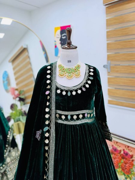 Glamorous Velvet Embroidered Sequence Round Neck Gown with 3 Meter Flair with Dupatta for Receptions Kurti With Dupatta Wholesale
