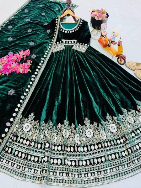 Glamorous Velvet Embroidered Sequence Round Neck Gown with 3 Meter Flair with Dupatta for Receptions Kurti With Dupatta Wholesale