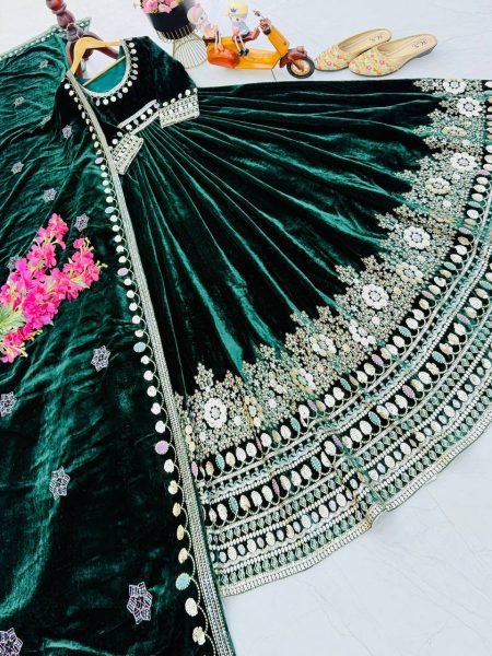 Glamorous Velvet Embroidered Sequence Round Neck Gown with 3 Meter Flair with Dupatta for Receptions Kurti With Dupatta Wholesale