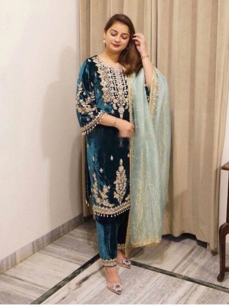 Glamorous Velvet Sequins Work Patiala Suit Set for Exporters at Manufacturer Rates 