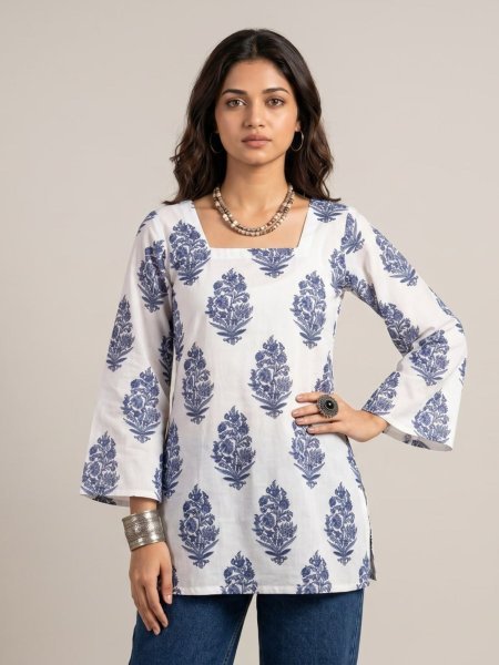Glamorous White Cotton Short Kurti with Digital Print for Women Kurtis