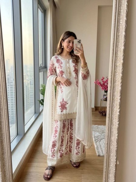 Glamorous White Georgette Kurta And Plazzo Set With Sequence For Women   Ready To Wear Collection
