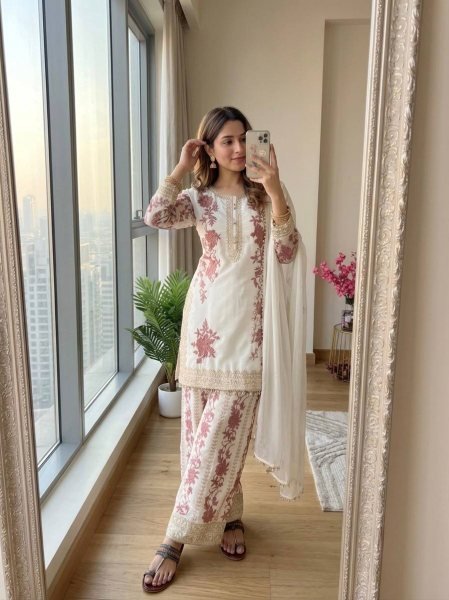 Glamorous White Georgette Kurta And Plazzo Set With Sequence For Women   Ready To Wear Collection