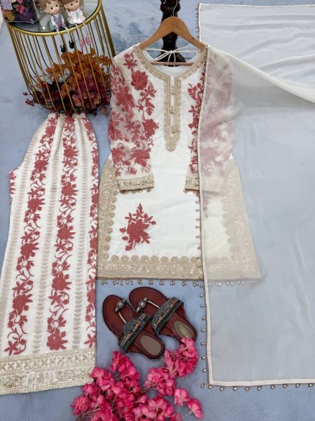 Glamorous White Georgette Kurta And Plazzo Set With Sequence For Women   Ready To Wear Collection