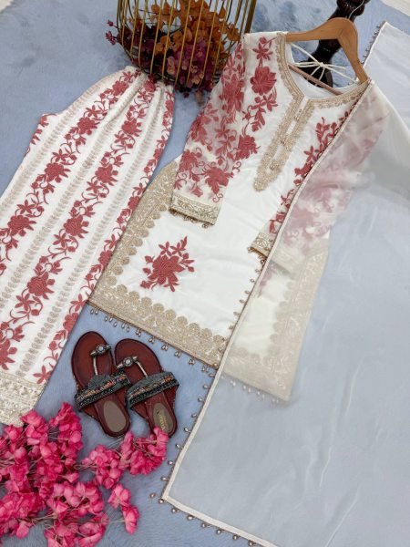 Glamorous White Georgette Kurta And Plazzo Set With Sequence For Women   Ready To Wear Collection