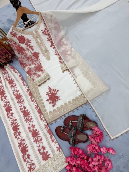 Glamorous White Georgette Kurta And Plazzo Set With Sequence For Women   Ready To Wear Collection