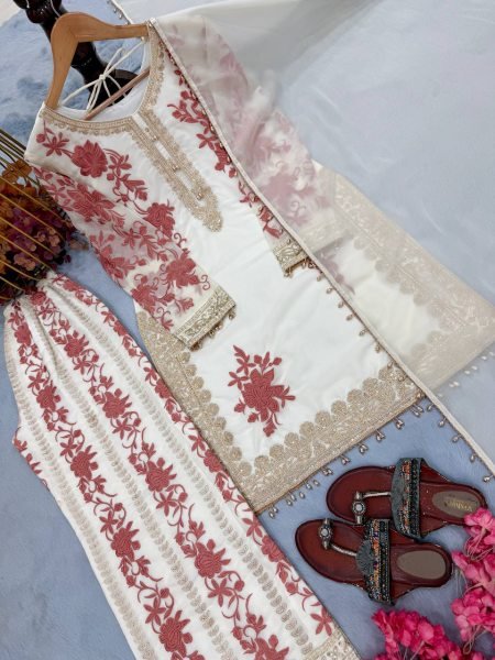 Glamorous White Georgette Kurta And Plazzo Set With Sequence For Women   Ready To Wear Collection