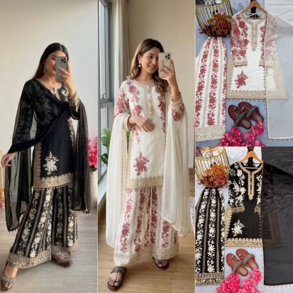 Glamorous White Georgette Kurta And Plazzo Set With Sequence For Women   Ready To Wear Collection