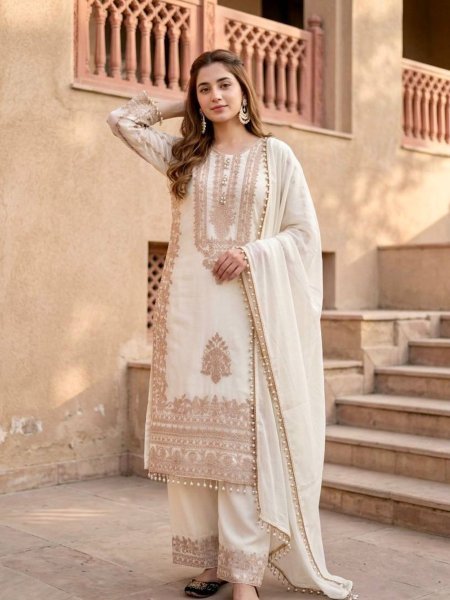 Glamorous White Georgette Long Kurta Set With Embroidery Work At Direct Factory Price 