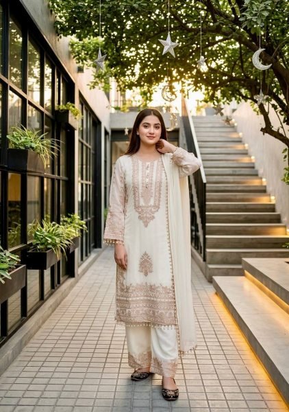 Glamorous White Georgette Long Kurta Set With Embroidery Work At Direct Factory Price Ready To Wear Collection