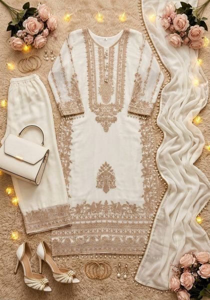 Glamorous White Georgette Long Kurta Set With Embroidery Work At Direct Factory Price Ready To Wear Collection