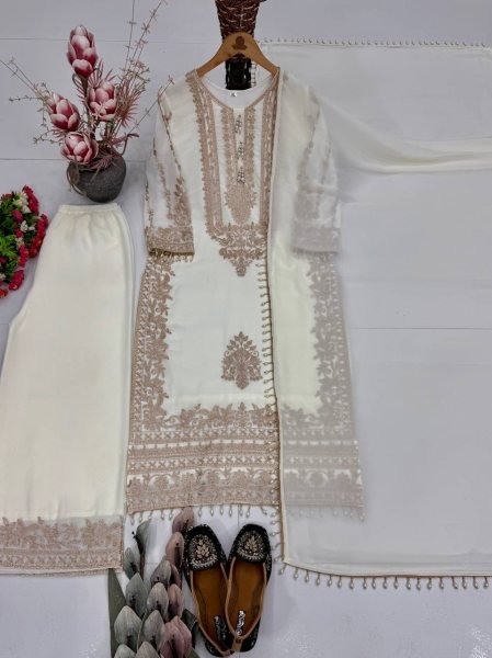 Glamorous White Georgette Long Kurta Set With Embroidery Work At Direct Factory Price Ready To Wear Collection