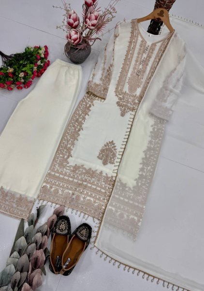 Glamorous White Georgette Long Kurta Set With Embroidery Work At Direct Factory Price Ready To Wear Collection