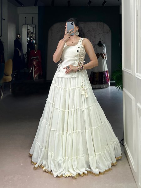 Glamorous White Navratri Special Lehenga Choli with 14 Meter Flair for Dandiya Events Navratri Lehnega Choli