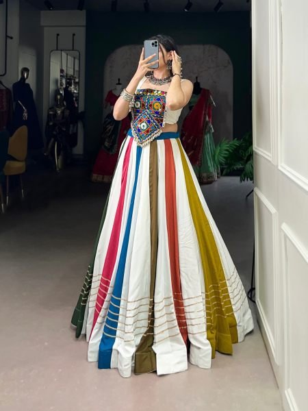 Glamorous White Pure Rayon Chaniya Choli with Original Mirror Gamthi at Wholesale Rate Wholesale Lehengas Suppliers in Canada
