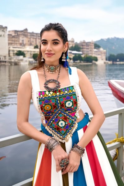 Glamorous White Pure Rayon Chaniya Choli with Original Mirror Gamthi at Wholesale Rate Navratri Lehnega Choli
