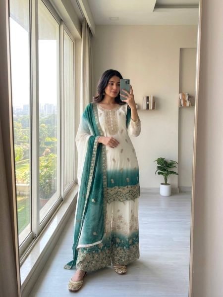 Glamorous White Rama Georgette Top Palazzo Set with Jarkan Diamond For Diwali Festival Ready To Wear Suit