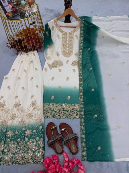 Glamorous White Rama Georgette Top Palazzo Set with Jarkan Diamond For Diwali Festival Ready To Wear Collection