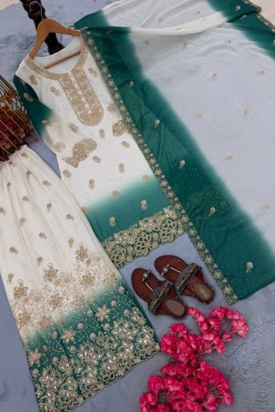 Glamorous White Rama Georgette Top Palazzo Set with Jarkan Diamond For Diwali Festival Ready To Wear Collection