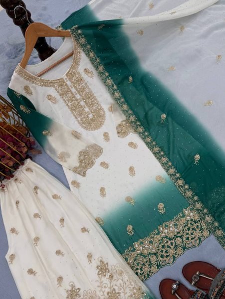 Glamorous White Rama Georgette Top Palazzo Set with Jarkan Diamond For Diwali Festival Ready To Wear Collection