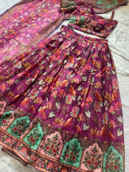 Glamorous Wine Organza Silk Lehenga with Floral Print for Festive Wear Designer Lehenga Choli